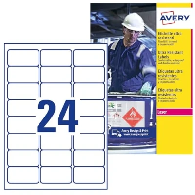 Obrázek AVERY Zweckform L7912 10 odolné fóliové etikety (240 nálepek, 63,5 x 33,9 mm na A4, extrémně silně samolepicí, pro obtížné povrchy, potištěná venkovní lepicí fólie) listů, bílé