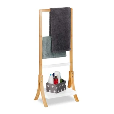 Obrázek Relaxdays Držák ručníků bambus, s odkládací plochou &amp; 3 tyče na ručníky, volně stojící stojan 103 x 41 28 cm, přírodní/bílý