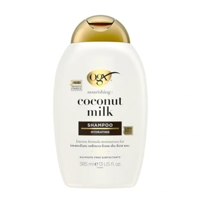 Obrázek OGX Coconut Milk Shampoo hydratační péče o vlasy šampon s ricinovým olejem a kokosovým pro suché poškozené 385 ml