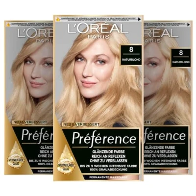 Obrázek L&#039;Oréal Paris Permanentní barva na vlasy, sada barvení vlasů s barvením a lesklým balzámem, Préférence, 8 přírodní blond, 3 ks