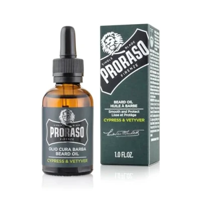 Obrázek Proraso Beard Oil, Cypress &amp; Vetyver, 30 ml, olej na vousy s čerstvou citrusovou vůní, změkčovač vousů, pečuje o pokožku a vlasy chrání vousy, vyrobeno v Itálii