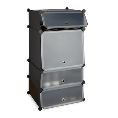 Obrázek Relaxdays, Černý botník plast, regálový systém 4 přihrádky, zásuvný regál, s dvířky, pro 8 párů, V x Š 91 49 36,5 cm, standardní