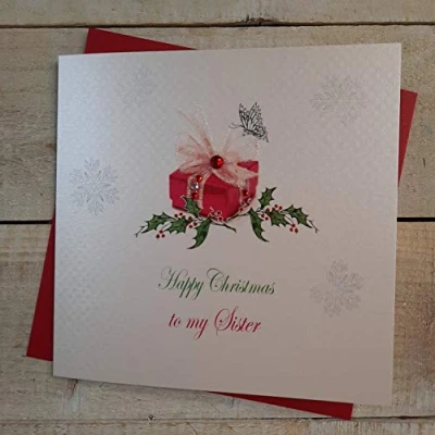 Obrázek White Cotton Cards X123 Vánoční pohlednice s nápisem &quot;Happy Christmas SISTER&quot;, ručně vyrobené, dárek motivem, Bílá