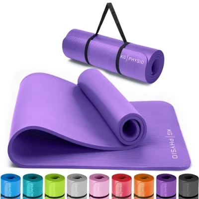 Obrázek Protiskluzová podložka na jógu od KG Physio 12 mm silná prémiová pro fitness studio, pilates nebo doma s popruhy nošení (na vnitřní straně podložky)., fialová