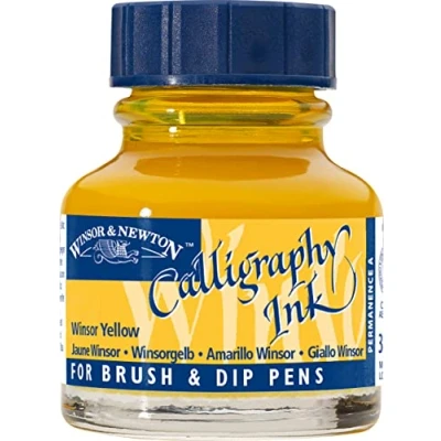 Obrázek Winsor &amp; Newton 1111730 kalligrafie tuš (pro plnicí pero nebo psací pružiny, vzájemně míchatelné, stálobarevné, stálobarevná barva) 30 ml láhev zimní žlutá