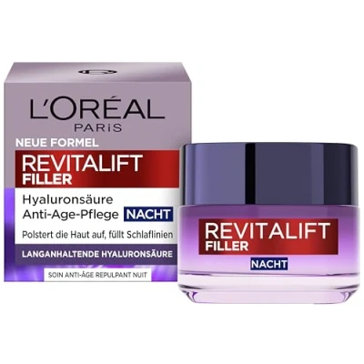 Obrázek L&#039;Oréal Paris Hyaluron noční krém, péče o obličej Anti Aging s mikrofiltrem, kyselina hyaluronová pro vlhkost a efekt proti vráskám, Revitalift Filler, 1 x 50 ml
