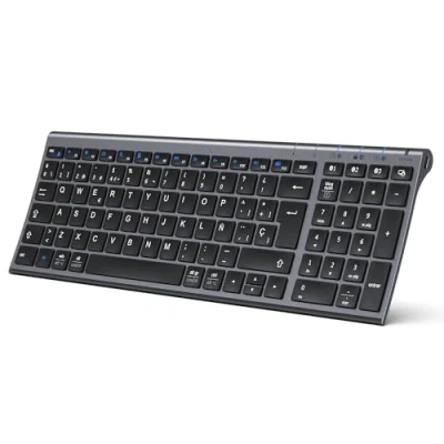 Obrázek iClever Teclado Bluetooth BK10, Inalámbrico QWERTY Español Multi Dispositivo Recargable Diseño Ergonómico Tamaño Completo Conexión Estable para Mac/iPad/Windows grisáceo