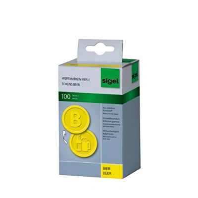 Obrázek SIGEL WM004 žetky žetony / zástavní značky pivo, žluté, 100 kusů, Ø 25 mm, ze stabilního plastu, opakovaně použitelné