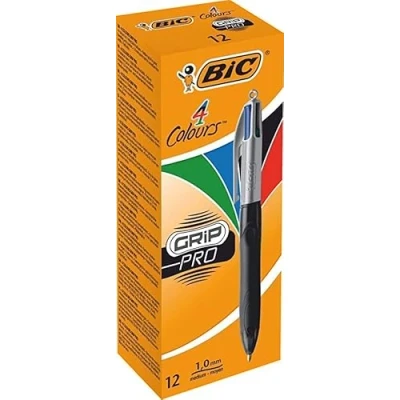 Obrázek BIC 4 barvy kuličkové pero sada Colours Grip Pro, s pogumovanou rukojetí, balení 12 ks, ideální do kanceláře, domácí kanceláře nebo školy
