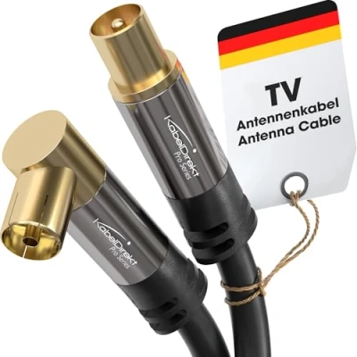 Obrázek KabelDirekt 4K anténní kabel, TV kabel úhel 90 / rovný s kovovou zástrčkou pro digitální a analogové sledování televize 2 m (úhlová zdířka na konektor DVB C/DVB T/DVB S)