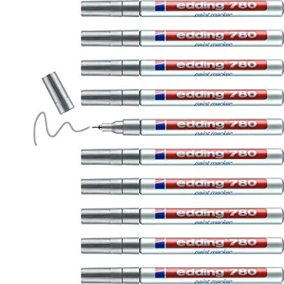 Obrázek edding 780 lakový popisovač stříbrný 10 tužek kulatý hrot 0,8 mm laková tužka pro značení a popisování kovu, skla, kamene nebo plastu žáruvzdorná, permanentní, odolná proti rozmazání