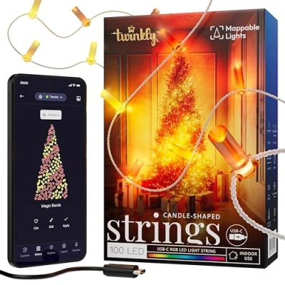 Obrázek Twinkly Strings USB C Candle 100 LED, LED světelný řetěz ve tvaru svíčky, RGB světla vícebarevná, kompatibilní s Alexa a Google Home, vánoční dekorace, napájení C, průhledný kabel, 6 m