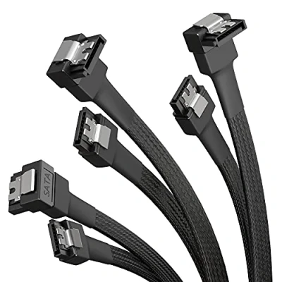 Obrázek KabelDirekt 3x SATA 3 kabel 6 Gb/s 30 cm, 90 úhlový (datový kabel, Gbit/s, III/Serial ATA, konektor L, sada kabelů, spojuje pevné disky / SSD s základní deskou, černý)