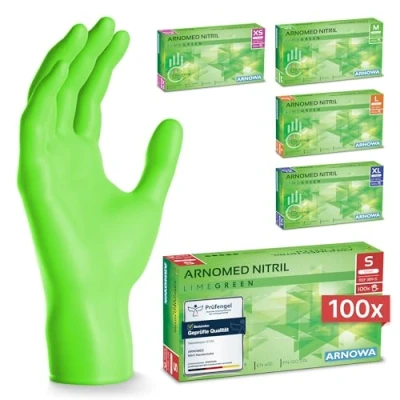 Obrázek ARNOMED Zelené rukavice na jedno použití, 100 kusů/krabice, jednorázové S, nitrilové rukavice, bez pudru, gumové latexu, k dispozici ve