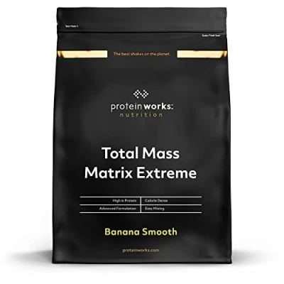 Obrázek Protein Works Total Mass Matrix Extreme 975 Kalorien pro Portion Weight Gainer Shakes Zum Zunehmen 8 Servings Banana Smooth 2.12kg