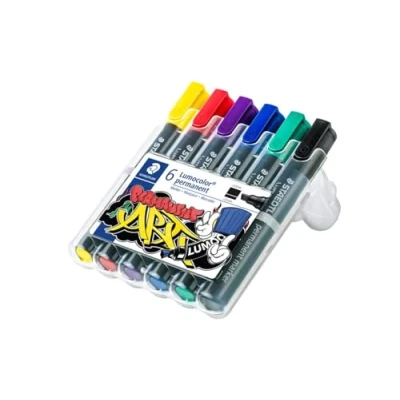 Obrázek STAEDTLER 350 WP6 permanentní popisovač Lumocolor, doplňovací, klínový hrot, box v 6 barvách, tříděný