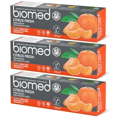 Obrázek BIOMED Citrusová zubní pasta 3 x 100 g, pro svěží dech a zdravé dásně, bez fluoridu, SLS, PEG, sacharinu, odstraňuje plak, chrání před kazem, citrusovou příchutí