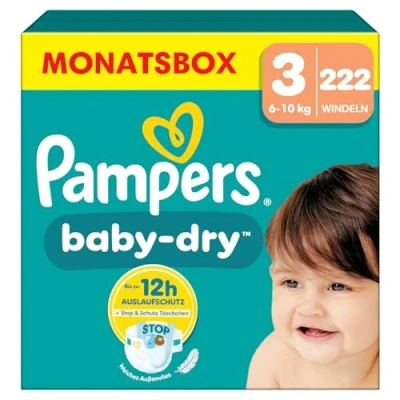 Obrázek Pampers Plenky velikost 3 (6 10 kg) Baby Dry, Midi, měsíční box, až 12 hodin kompletní ochrana proti vytečení, 222 kusů