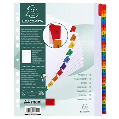 Obrázek Exacompta Kartonový registr 4131E 1 31 pro DIN A4 MAXI z kartonu 31dílný plná výška 24 x 29,7 cm bílý, barevné zesílené tabulky s indexovou stranou dělicí listy, oddělovací proužky, pořadače