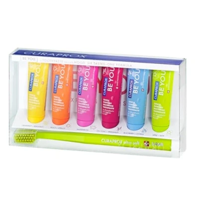 Obrázek Curaprox Be You Six Taste Pack, zkušební sada se všemi 6 různými zubními pastami linie you, x 10 ml zubní pasta a 1x kartáček CS 5460