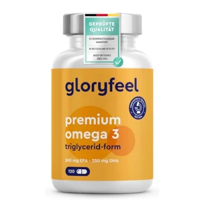 Obrázek Premium Omega 3 forma triglyceridů (4násobná síla) nejvyšší obsah EPA/DHA: 75 % udržitelný rybolov laboratorně testované kapsle rybího oleje, pečlivě vyčištěné v Německu