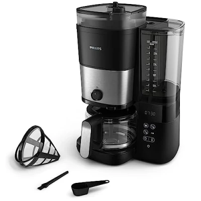 Obrázek Kávovar na překapávanou kávu Philips All in 1 integrovaný kuželový mlýnek čerstvě mletou Duo nádoba zrna, skleněná konvice 1,25 l, individuální nastavení intenzity (HD7900/50)