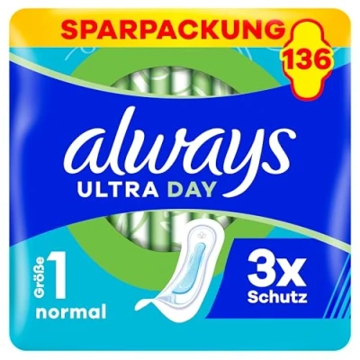 Obrázek Always Dámské obvazy Ultra vel. 1, normální, 136 dámských vložek bez křídel (4 x 34 kusů) Multipack, ultratenké a super absorpční
