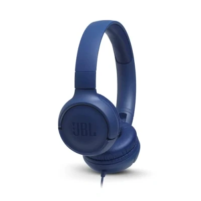 Obrázek JBL Tune 500 sluchátka On Ear s kabelem v modré barvě dálkovým ovládáním 1 tlačítkem, integrovaným mikrofonem a hlasovým asistentem telefonování poslech hudby na cestách