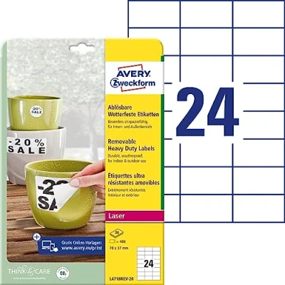 Obrázek AVERY Zweckform L4718REV 20 fólie odolné proti povětrnostním vlivům, znovu odnímatelné (70 x 37 mm na DIN A4, samolepicí, potištěná venkovní lepicí fólie) 480 nálepek listech bílé