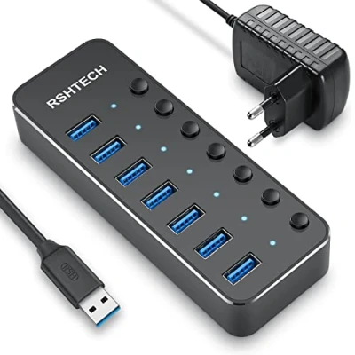 Obrázek RSHTECH USB rozbočovač aktivní 3. 0 se síťovým zdrojem, hliníkový hub 7 porty, portový rozdělovač pro přenos dat s 10W (5 V/2 A) napájecím RSH 518 2