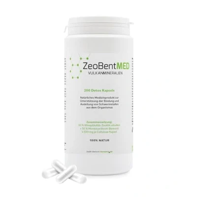 Obrázek ZeoBent MED 200 detoxových kapslí, zdravotnický výrobek, vysoce koncentrované, účinné, ultra jemné 9 µm, lékárnická kvalita, detoxikace těžkých kovů, 100% zeolitický klinoptilolit, zeolit