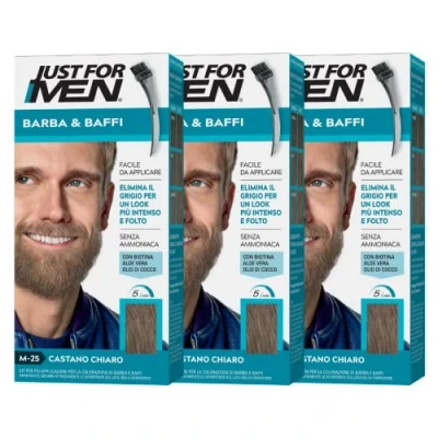 Obrázek Just for Men vousy a knír, barva na pro muže, světle hnědá, barvení, odstraňuje šedé vlasy, s aplikátorem hřebene M25 (3 balení)