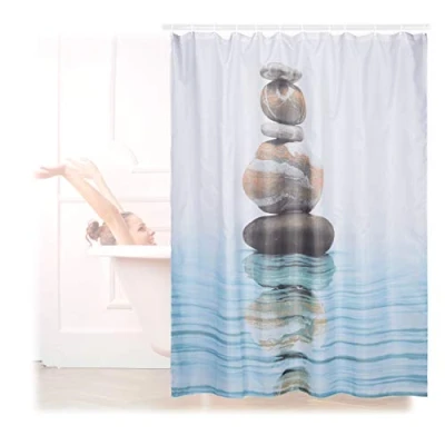 Obrázek Relaxdays Sprchový závěs motiv, kameny na vodě, polyester, pratelný, protiplísňový, do vany 180 x cm, modrý