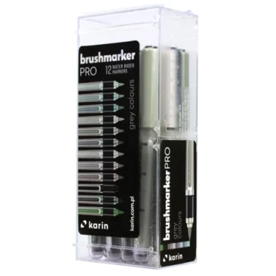 Obrázek KARIN Brushmarker Pro 12 Grey Colours set sada kusů transparentních těles se systémem Ink Free System, 2, 4 ml tekuté barvy. Žádný popisovač
