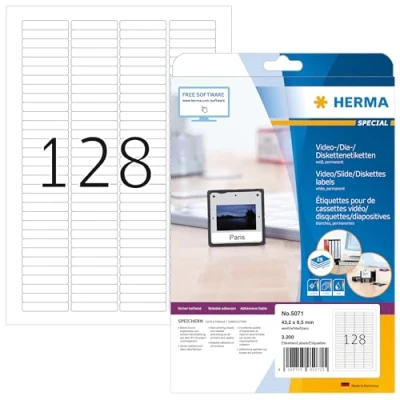Obrázek HERMA 5071 Dia etikety, 25 listů, 43,2 x 8,5 mm, 128 pro A4 arch, 3200 kusů, samolepicí, s možností potisku, matné, prázdné papírové nálepky na obrázky, bílé