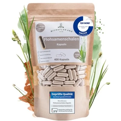Obrázek MICROFLORANA® kapsle Psyllium skořápky 400 kapslí 3 660 mg vysoké dávky v jedné porci laboratorně testovaná kvalita indická semena bez přísad Husk snadné dávkování