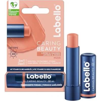 Obrázek Labello Caring Beauty Nude balzám na rty s barvou a ochranou proti slunci, barevná péče o LSF 30, vitaminem E bio mandlovým olejem, tváře (4,8 g)