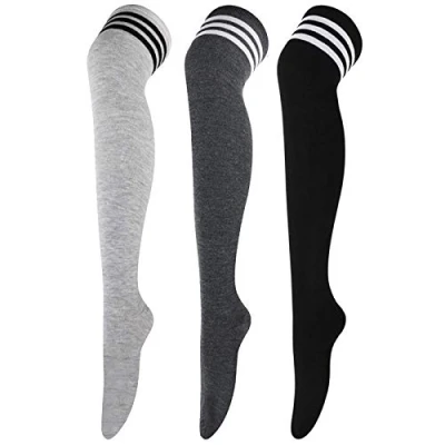 Obrázek DRESHOW 3 páry dámské podkolenky punčochy dlouhé pruhované ponožky žáci pletené sportovní ponožky, B: Black/Dark Grey/Light Grey