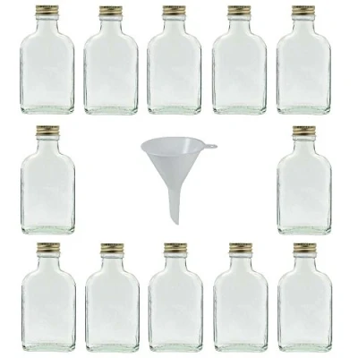 Obrázek Viva Haushaltswaren 12 x malá skleněná láhev 100 ml se šroubovacím uzávěrem, jako placatka, pálenku a na likér (vč. trychtýře Ø 7 cm)
