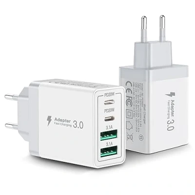 Obrázek Balení 2 ks USB C nabíječky, Aioneus 40W rychlonabíječka, 4 porty PD+QC, vícenásobný napájecí adaptér pro iPhone 15 Plus, 14 Pro, max. 13 12 Mini 11 SE XS XR 8, Samsung, mobilní telefon