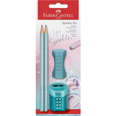 Obrázek FABER CASTELL 118297 sada tužek Sparkle, s ořezávátkem, mazací gumou a 2 tužkami, psací ocean metalická