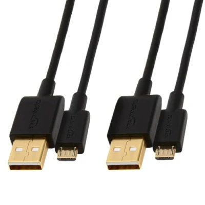 Obrázek Amazon Basics USB A na Micro 2. 0 kabel, přenosová rychlost 480 Mbit/s, s pozlacenými konektory, 2 kusy, 1,8 m, černý