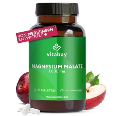 Obrázek Vitabay Hořčíkový malát 180 tablet hořčík ve vysokých dávkách 1000 mg VEGAN a laboratorně testováno hořečnatý hořčíku amalát maláty