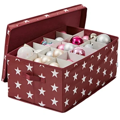 Obrázek LOVE IT STORE Úložný box na vánoční koule balení vánočních koulí zesílený kartonem 30 přihrádek červený s hvězdami 58 x 36 25 cm