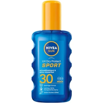 Obrázek NIVEA Sun UV Dry Protect Sport sluneční sprej LSF 30 (200 ml), 100% transparentní ochrana proti slunci speciálně pro sportovce, odolnost potu a extra vodě odolný opalovací krém