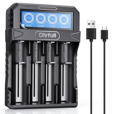 Obrázek Dlyfull 18650 nabíječka, univerzální nabíječka akumulátoru LCD displej pro 3,7 V Li Ion baterie 21700 18700 26650 22650 20700 16340(RCR123) 14500 přenosná USB C baterie, 4násobná