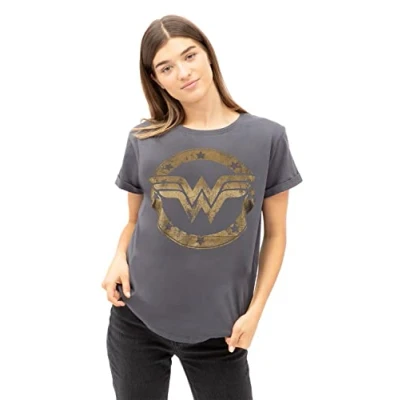 Obrázek DC Comics Damen Wonder Woman Metallic Logo T Shirt, Grau (Charcoal Cha), 36 EU