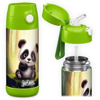 Obrázek Jarlson® Dětská láhev z ušlechtilé oceli CHARLI s brčkem termoláhev 350 ml testováno TÜV bez BPA zabezpečená proti vytečení na vodu do školy, školky Panda,