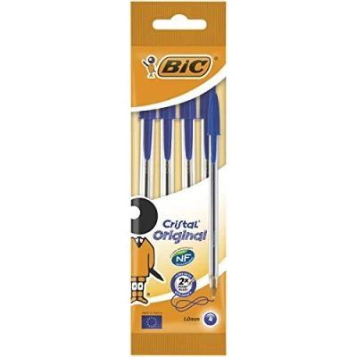 Obrázek BIC Kuličkové pero Cristal Original, v modré, tloušťka linky 0,32 mm, balení po 4 kusech, ideální do kanceláře, domácí kanceláře nebo školy