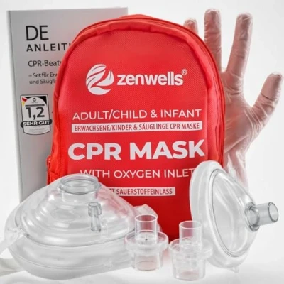 Obrázek CPR dýchací maska sada první pomoci pro dospělé/děti a kojence kapesní v měkkém pouzdru (červená) s vlastním ventilem vstupem kyslíku